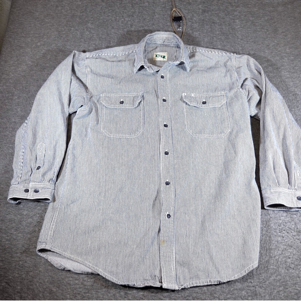 Key Hickory Stripe Button Up Mens Large Blue White Distressed Workwear
